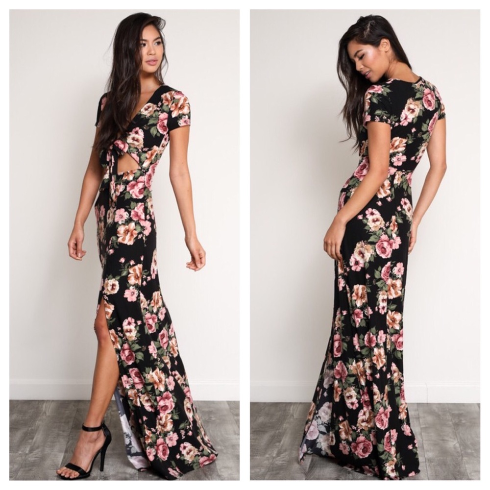 Floral Front Tie Cutout Maxi Dress, Side Slit - Picture 3 of 5